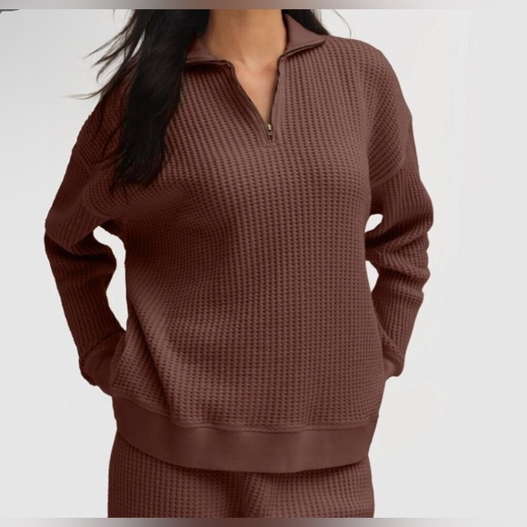 MATE the Label Tops - MATE the Label Organic Waffle Half Zip Sweatshirt In Cinnamon